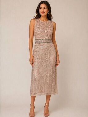 Embellished Blush Midi Dress with Beaded Waist